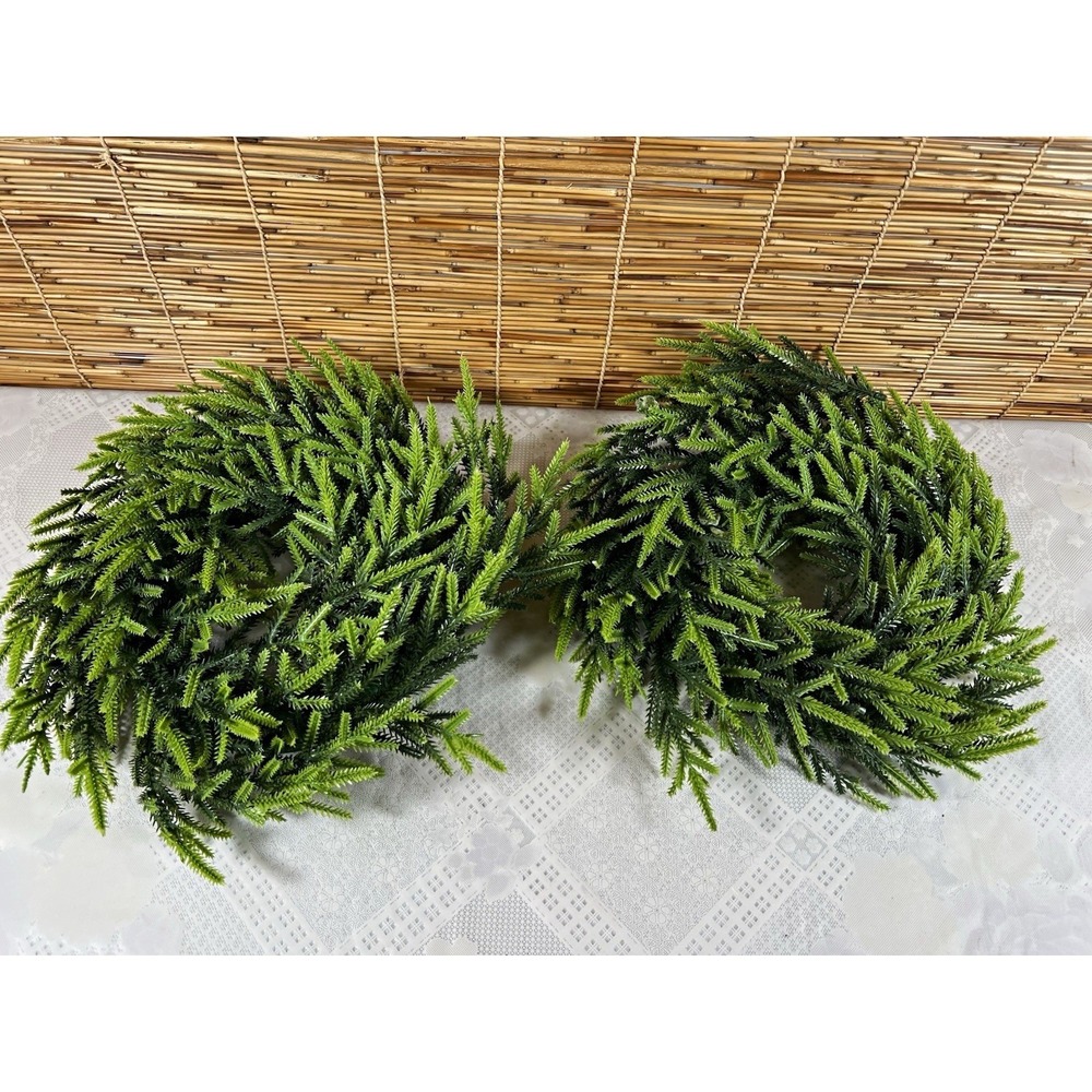 Set of 2 Artificial Green Pine Wreaths 14" with Plastic Base Ring 8" Christmas